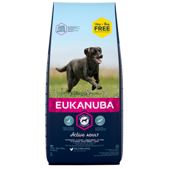 15 kg + 3 kg på köpet! 18 kg Eukanuba Adult och Puppy - Active Adult Large Breed Chicken