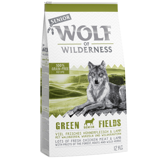 Ekonomipack: 2 x 12 kg Wolf of Wilderness hundmat - Senior - Green Fields