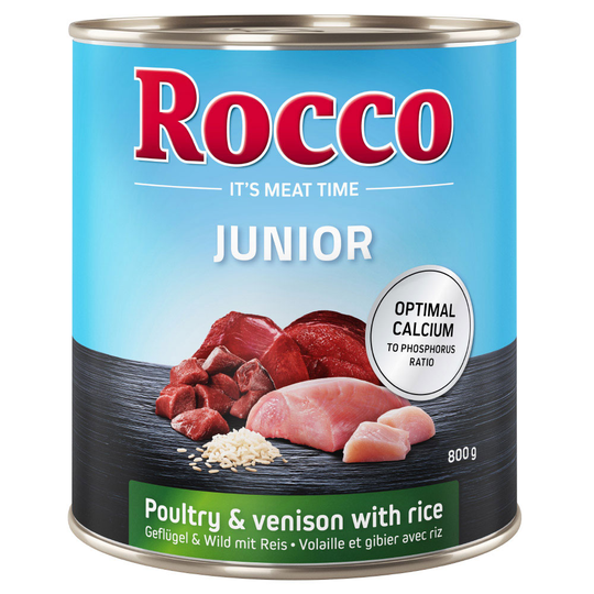 Ekonomipack: Rocco Junior 24 x 800 g - Fjäderfä, vilt & ris