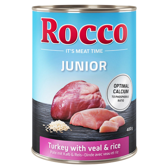 Ekonomipack: Rocco Junior 24 x 400 g - Blandpack I: Kalkon & kalvhjärta + Fjäderfä & kycklinghjärta