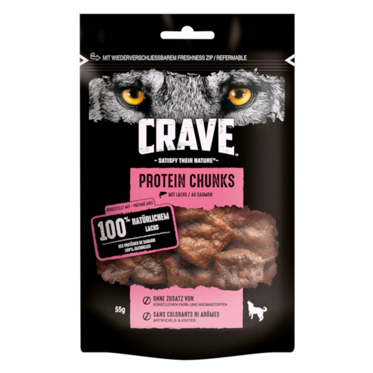 2 + 1 på köpet! 3 x Crave Protein hundgodis - Chunks med lax (3 x 55 g)