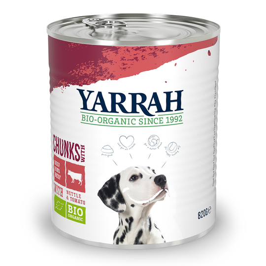 15 % rabatt på 6 x 820 g Yarrah Organic våtfoder! - Chunks eko-kyckling, eko-nötkött, eko-nässlor & eko-tomater i sås 6 x 820