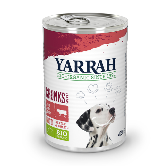 15 % rabatt på 6 x 820 g Yarrah Organic våtfoder! - Chunks eko-kyckling, eko-nötkött, eko-nässlor & eko-tomater i sås 6 x 405 g