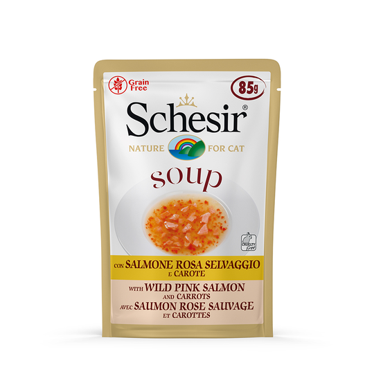 Ekonomipack: Schesir Cat Soup 24 x 85 g - Vild rosa lax & morötter