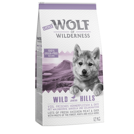 Ekonomipack: 2 x 12 kg Wolf of Wilderness hundmat - Junior - Wild Hills