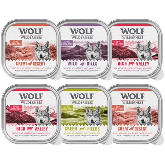 Blandpack: Wolf of Wilderness våtfoder - 6 x 300 g portionsform: Adult - Beef, Turkey, Lamb, Duck