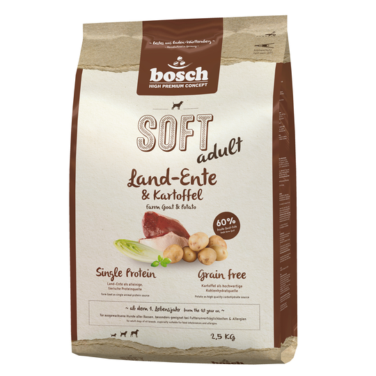 Provpack: bosch Soft 2 sorter till sparpris! - 2 x 2,5 kg (Kyckling & banan + Anka & potatis)