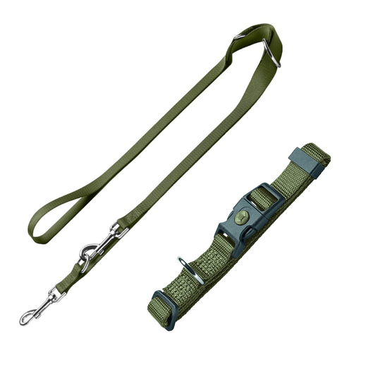 HUNTER set: halsband London + koppel London, olivgrön - Vario Basic stl. M + koppel 200 cm / 10 mm