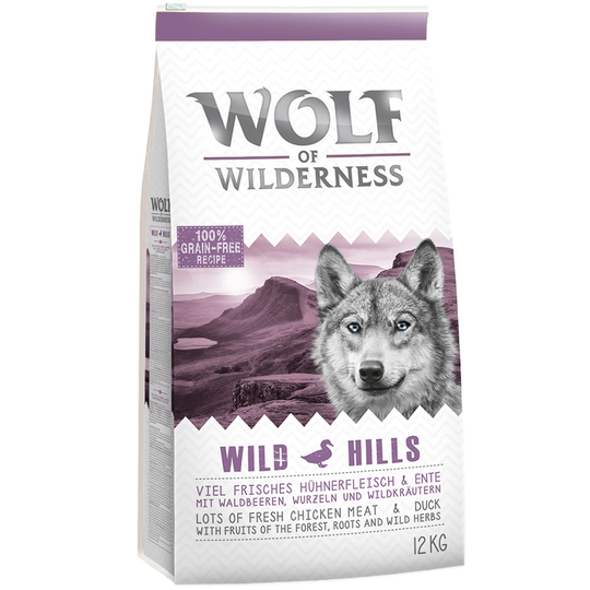 Ekonomipack: 2 x 12 kg Wolf of Wilderness hundmat - Wild Hills - Duck