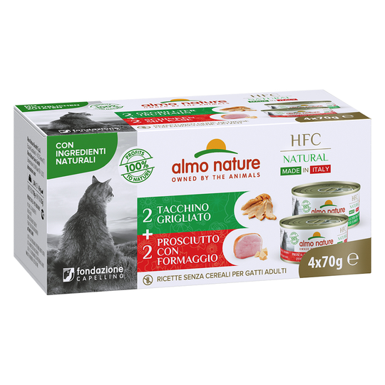 Almo Nature HFC Natural Made in Italy 4 x 70 g - Mix Skinka & ost + Grillad kalkon