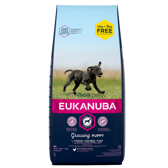 15 kg + 3 kg på köpet! 18 kg Eukanuba Adult och Puppy - Growing Puppy Large Breed Chicken