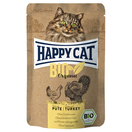 Happy Cat Bio Pouch 6 x 85 g - Eko-kyckling & eko-kalkon