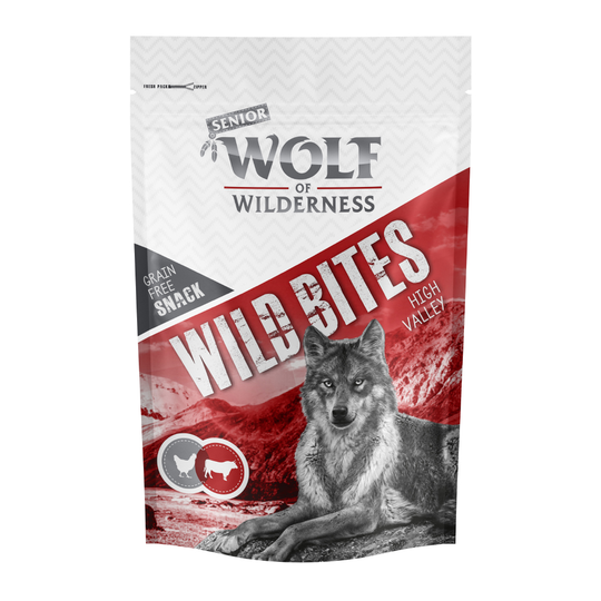 Ekonomipack: 3 x 180 g Wolf of Wilderness - Wild Bites Snacks - SENIOR High Valley - Beef