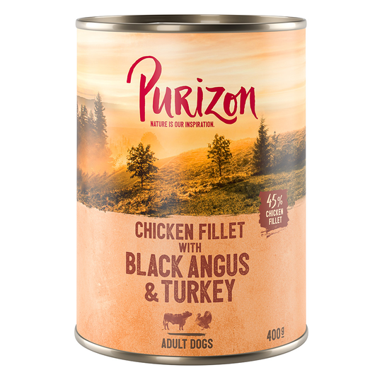 Purizon Adult Black Angus Beef & Turkey - Grain Free Komplettera med våtfoder: 6 x 400 g - Black Angus & Turkey Sweet Potato & Cranberry